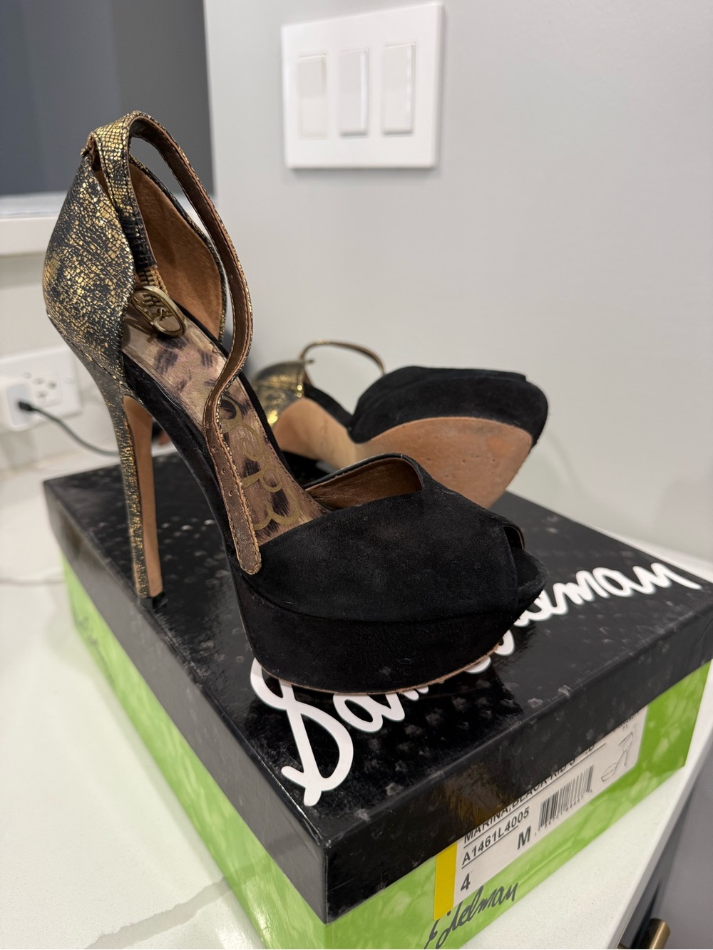 Sam Edelman Black Suede Peep-Toe Heels with Metallic Gold Accents